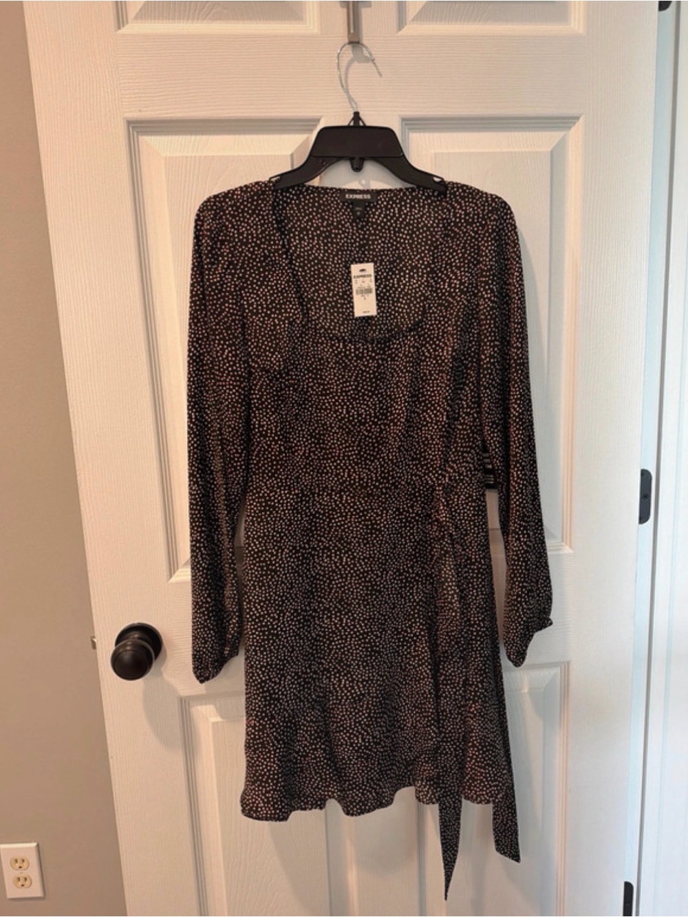 Express Black with White Dot Long Sleeve Wrap Dress